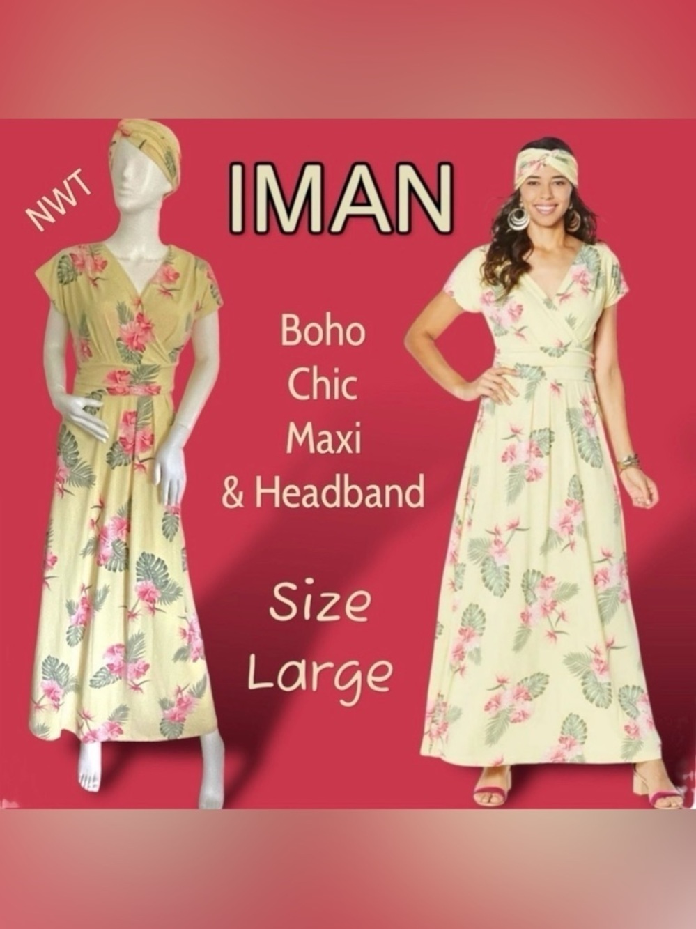 IMAN Boho Chic Tropical Floral Maxi Dress Size Large